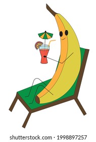 A funny character, a ripe banana, lies in a beach lounger and holds a glass with a cocktail in his hands. The cocktail contains a straw, an umbrella, an orange. Vector stock illustration