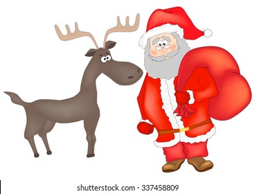 Funny character of Santa Claus and reindeer. Vector illustration  isolated on white background