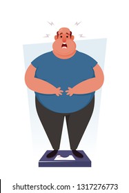 Funny Character. Shocked Fat Man Standing on Scales. Cartoon Style. Vector Illustration
