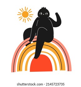 Funny character sit on rainbow. Abstract illustration for good vibes and positivity concept. Sticker design