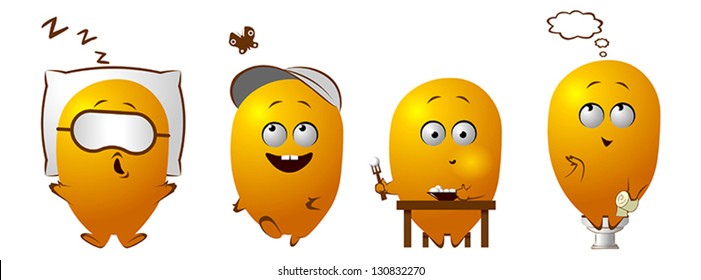 Funny character sleeping, walking, eating, pooping