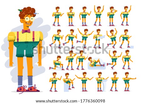 Funny character smart guy in glasses, set. Science geek in strange clothes in various poses. 