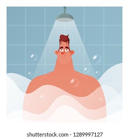 Funny Character. Smiling Man Standing in the Shower in His Bathroom. Cartoon Style. Vector Illustration