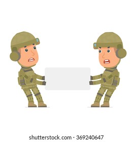 Funny Character Soldier holds and interacts with blank forms or objects. Poses for interaction with other characters from this series