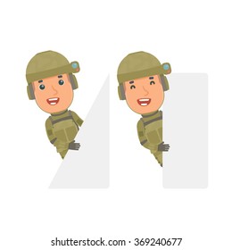 Funny Character Soldier holds and interacts with blank forms or objects. for use in presentations, etc.