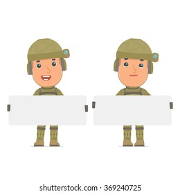 Funny Character Soldier holds and interacts with blank forms or objects. for use in presentations, etc.
