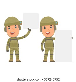 Funny Character Soldier holds and interacts with blank forms or objects. for use in presentations, etc.