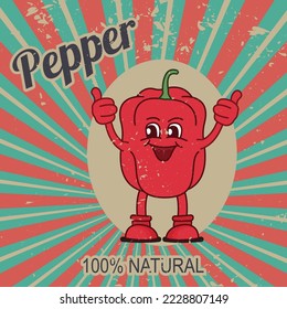 Funny character, sweet cartoon pepper in retro style. Poster flat style. Vector illustration