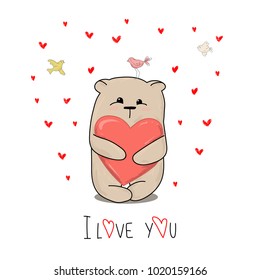 Funny character teddy holding in the paws of a big heart the concept of valentine s day