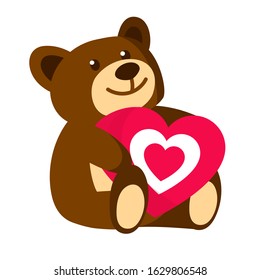 Funny character Teddy holding in the paws of a big heart. The concept of Valentine's Day. flat vector illustration isolate on a white background. EPS 10