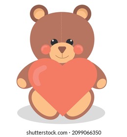Funny character Teddy holding in the paws of a big heart. The concept of Valentine's Day. flat vector illustration isolate on a white background