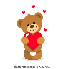 Funny character Teddy holding in the paws of a big heart. The concept of Valentine's Day. flat vector illustration isolate on a white background