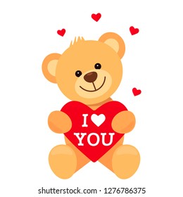 Funny character Teddy holds in his paws a big heart with the words "I love you." The concept of Valentine's Day, wedding, Valentine's Day. flat vector illustration isolate on white background