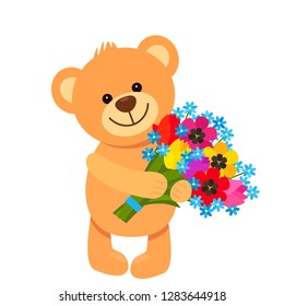 Funny character Teddy Teddy holds in his paws a bouquet of flowers from tulips. The concept of Valentine's Day, wedding, March 8, mother's day. flat vector illustration isolate on white background