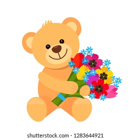 Funny character Teddy Teddy holds in his paws a bouquet of flowers from tulips. The concept of Valentine's Day, wedding, March 8, mother's day. flat vector illustration isolate on white background
