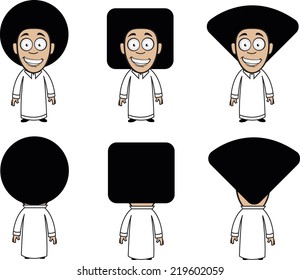 A funny character with three different hairstyle for an Arabic guy wearing the Arabic white outfit and black shoes, happy, excited, confidence, youth 