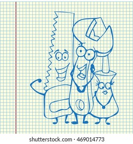 Funny character tools. Hand drawn vector stock illustration. Sheet ball pen drawing.