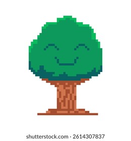 Funny character tree smiling in pixel art style. Retro 8 bit element