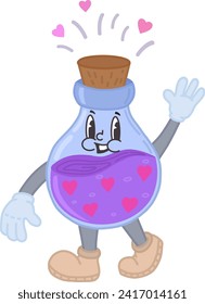 A funny character for Valentine's Day, a bottle with a love drink, an elixir in the retro style of the 60s and 70s. A walking vintage mascot. A vector illustration drawn by hand.Happy emotions,a smile
