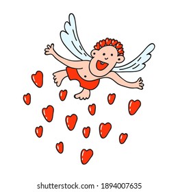 Carácter gracioso para la tarjeta de saludo de San Valentín. Un ángel que se alza sobre las alas del amor al estilo de los gráficos de dibujos animados. Desde el fondo de mi corazón.
