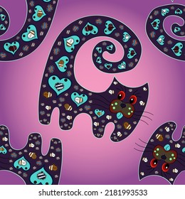 Funny character. Vector. Doodle Kitty. Seamless pattern with cute fashion cats. Design in purple, pink and violet colors. Stylish kitten. Kids animals series. Trendy illustration in sketch style.