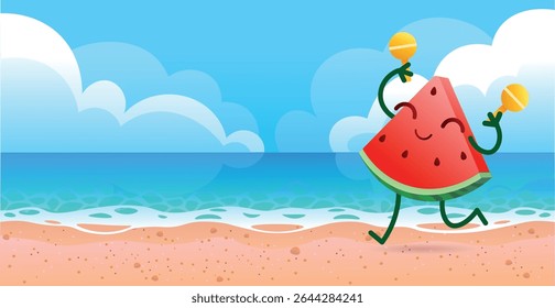 Funny character watermelon slice dancing on the seashore. Watermelon plays maracas. Summer festival. Nice summer vacation. Vector fruit character for cartoons and advertising.