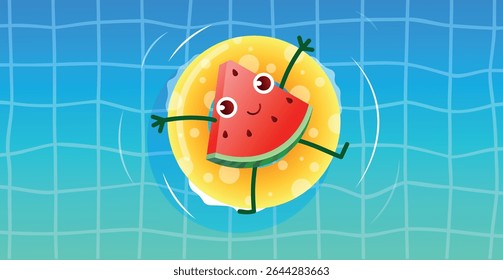 Fatia de melancia de personagem engraçada descansa na piscina. Bom descanso de verão. Caráter de fruta vetorial para desenhos animados e publicidade.