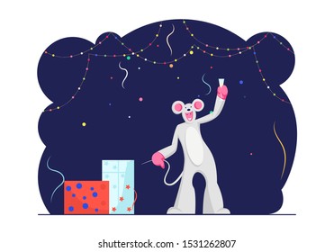 Funny Character Wearing Costume of Mouse Holding Champagne Glass in Hand in Decorated Room with Many Gift Boxes and Lighting Garlands around. 2020 New Year Party. Cartoon Flat Vector Illustration