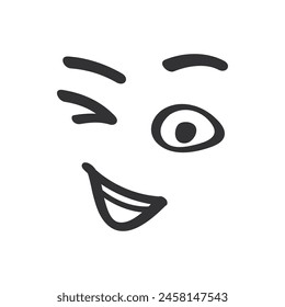 Funny character winking, playful facial expression in monochrome doodle style vector illustration