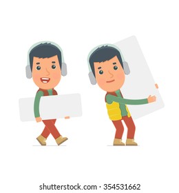 Funny Character Winter Citizen holds and interacts with blank forms or objects. for use in presentations, etc.
