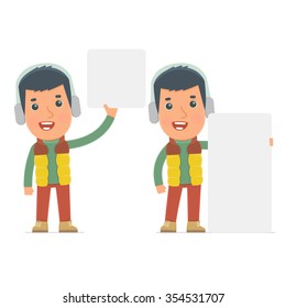 Funny Character Winter Citizen holds and interacts with blank forms or objects. for use in presentations, etc.