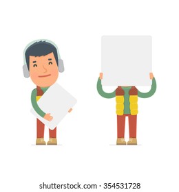 Funny Character Winter Citizen holds and interacts with blank forms or objects. for use in presentations, etc.