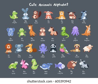 Alfabeto de caracteres divertidos. Montaje de dibujos animados de animales bebés con letras latinas sobre fondo oscuro.  