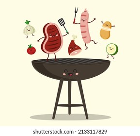 Funny Characters Assorted Delicious Grilled Meat with Vegetables over the Coals on Barbecue