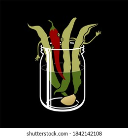 Funny characters bean, chili pepper and garlic on glass. Best friends . Vector illustration. Funny food. Vector cartoon illustration. Cute stylish characters.