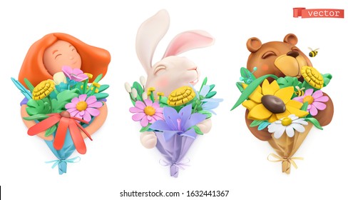 Funny characters with bouquet of flowers. Girl, easter bunny, bear. Plasticine art objects. Spring and summer 3d vector icon set svg