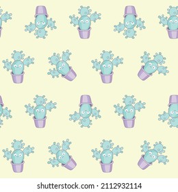 Funny characters cacti in pots seamless pattern. Vector illustration on a yellow background.