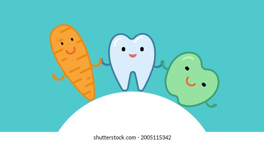 Funny characters carrot, apple and tooth hold hands. Friendship. Health. Oral hygiene. Healthy food. Flat vector cartoon illustration