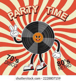 Funny characters cartoon vinyl record. Poster retro style disco 70s and 80s. Vector illustration.