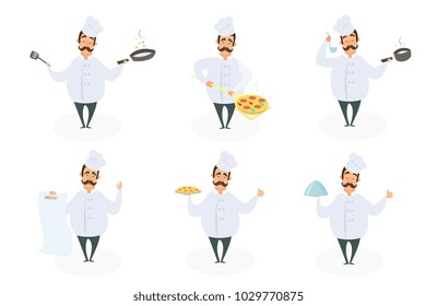 Funny characters of chef in action poses. Vector illustrations in cartoon style. Chef cartoon cooking in restaurant