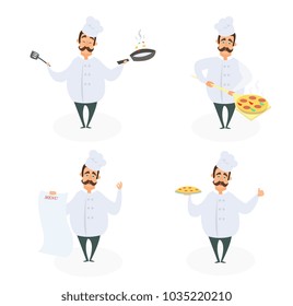 Funny characters of chef in action poses. Vector illustrations in cartoon style. Chef cartoon cooking in restaurant