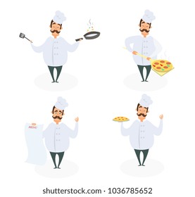Funny characters of chef in action poses. Vector illustrations in cartoon style. Chef cartoon cooking in restaurant