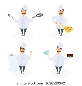 Funny characters of chef in action poses. Vector illustrations in cartoon style. Chef cartoon cooking in restaurant