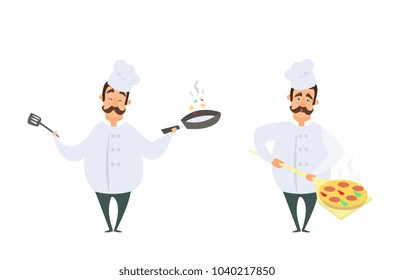 Funny characters of chef in action poses. Vector illustrations in cartoon style. Chef cartoon cooking in restaurant