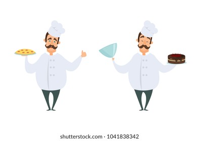 Funny characters of chef in action poses. Vector illustrations in cartoon style. Chef cartoon cooking in restaurant