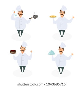 Funny characters of chef in action poses. Vector illustrations in cartoon style. Chef cartoon cooking in restaurant