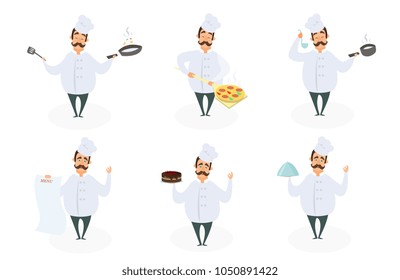 Funny characters of chef in action poses. Vector illustrations in cartoon style. Chef cartoon cooking in restaurant