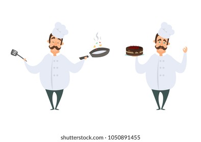 Funny characters of chef in action poses. Vector illustrations in cartoon style. Chef cartoon cooking in restaurant