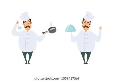 Funny characters of chef in action poses. Vector illustrations in cartoon style. Chef cartoon cooking in restaurant