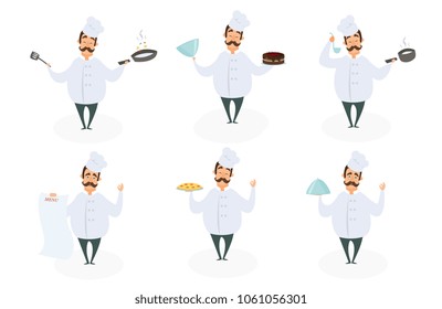 Funny characters of chef in action poses. Vector illustrations in cartoon style. Chef cartoon cooking in restaurant